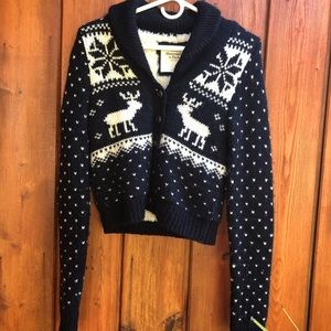 Abercrombie & Fitch Navy and Cream Reindeer Shawl Collar Cardigan